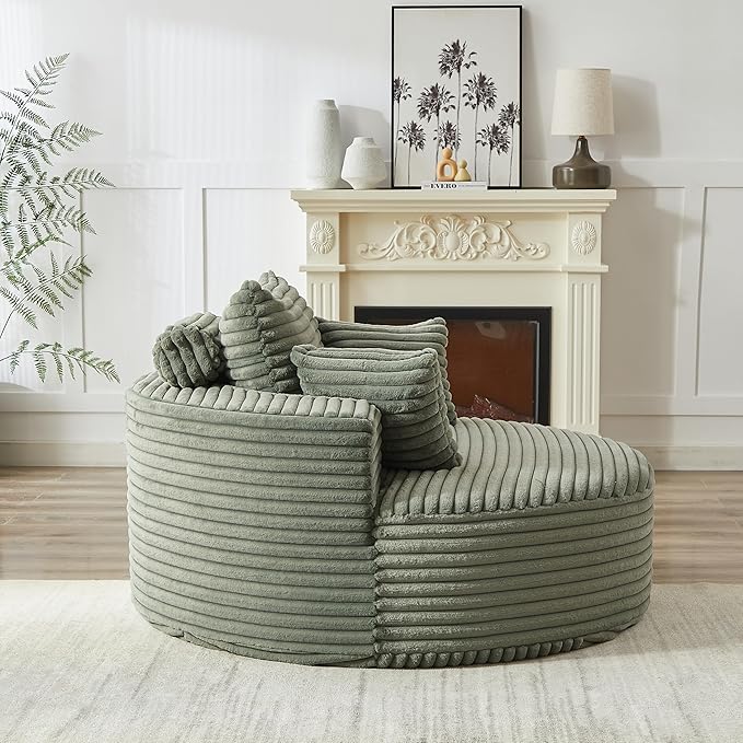 55 Green Oversized Round Boneless Couch Sofa Velvet Memory Foam Cloud Couches Lounge Chair Comfy Fluffy Single Sofa with 3 Pillows for Living Room Bedroom No Assembly Required (Green)