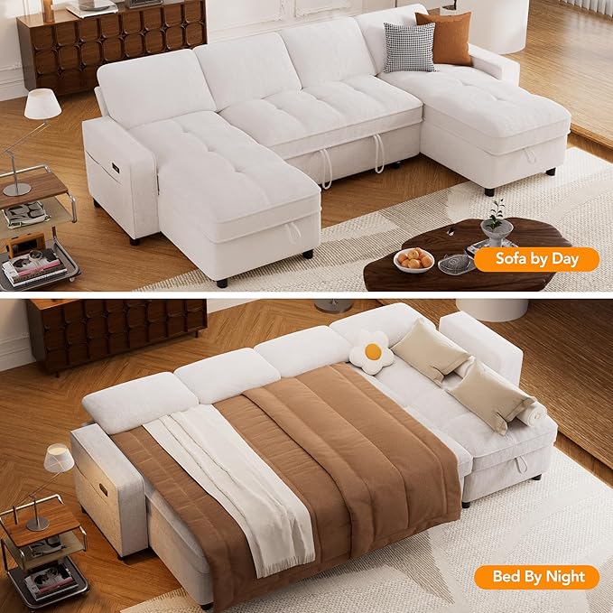 Sunny Heart Sleeper Sofa Bed 105 U Shaped Couch Sleeper Sofa Pull Out Couch Bed with Reclining Backrest | Double Storage Chaise | USB Ports | Side Pockets | Tool-Free Assembly | Chenille Beige