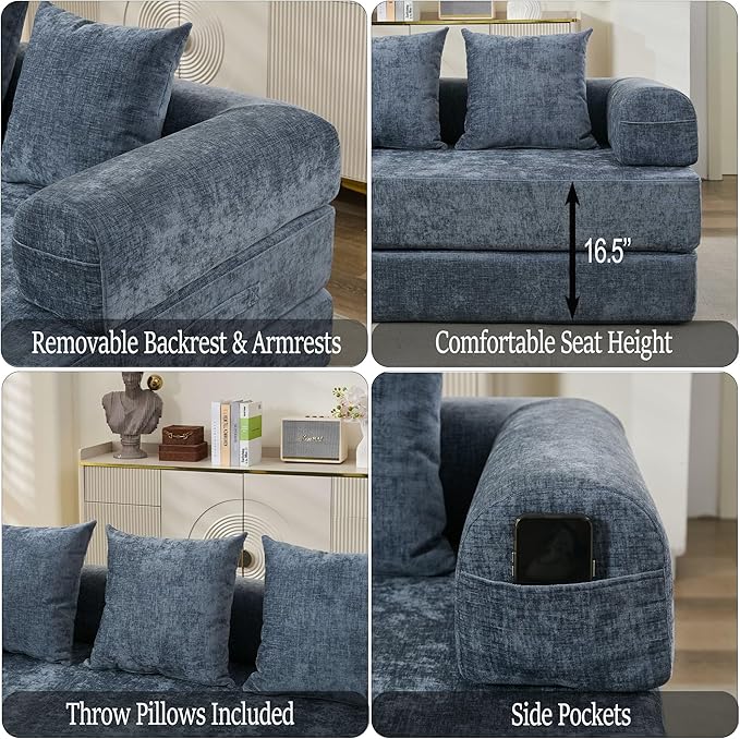 Convertible Folding Sofa Bed Modular Floor Couch 78.8‘’ Cloud Sleeper Sofa with Removable Backrest Chenille Foldable Mattress Couch Lazy Loveseat for Small Space Apartment Bedroom Blue