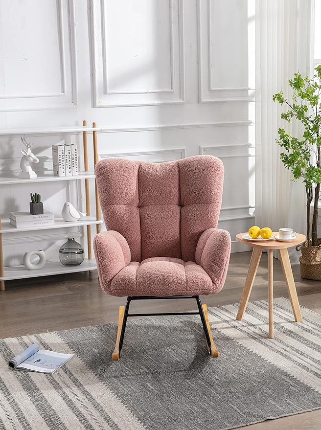 Mid Century Modern Teddy Fabric Tufted Upholstered Rocking Chair Padded Seat for Living Room BedroomPink