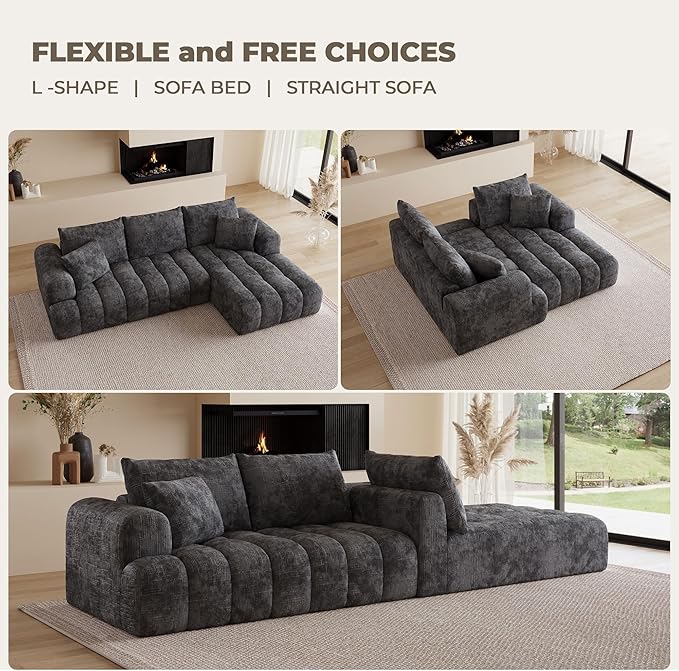 108 Cloud Sectional Couches for Living Room Boneless L-Shaped Sofa with Pillow 3 Seater Modular Sectional Sofa (Dark Grey)