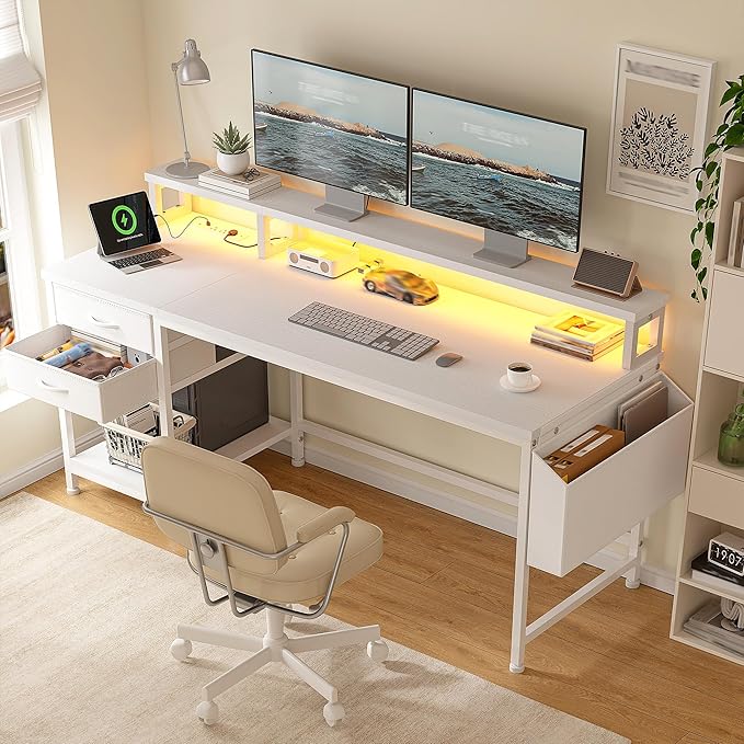 55 Gaming Desk with LED Strip Computer Desk with Drawers &amp Storage Bag Office Desks with Power Outlets &amp Monitor Stand Office Desk for Bedroom Gaming Room White