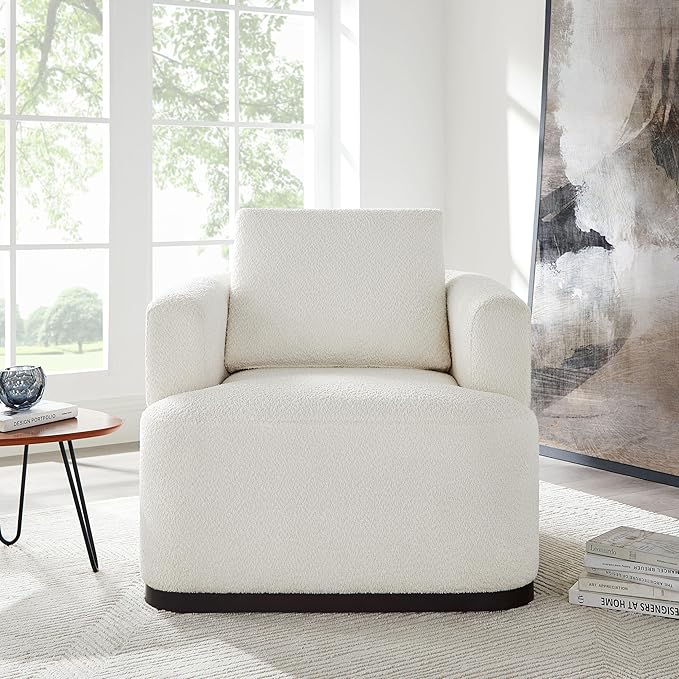 Oversized Living Room Chair Modern Comfy Boucle Accent Chairs with Throw Pillow Upholstered Armchair for Bedroom Office Waiting Room Fully Assembled (White)