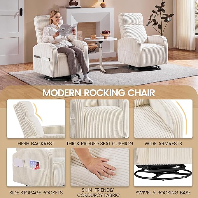 Yaheetech 360° Swivel Glider Chair for Nursery Rocking Chair Nursing Chair with Side Pockets Corduroy Glider for Living Room with High Back Beige