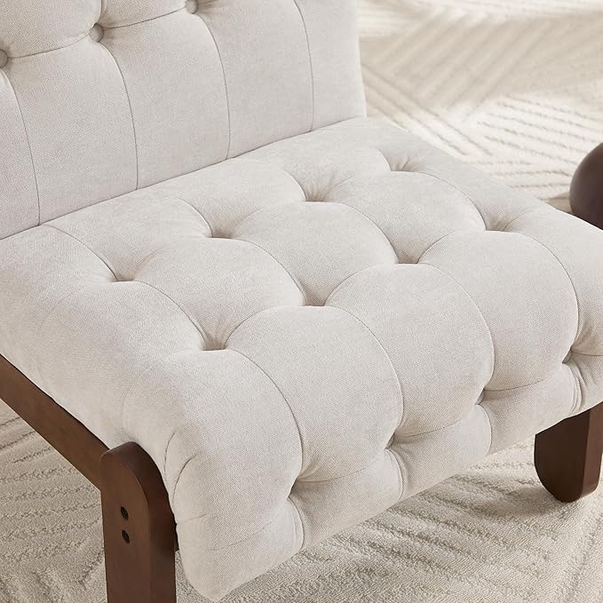 Modern Armless Accent Chair Set of 2 for Living Room Beige Linen Button Tufted Upholstered Lounge Reading Chair with Walnut Wood Frame