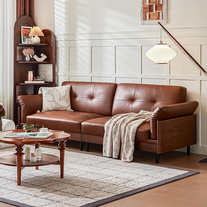 90 Inch Mid Century Modern Brown Leather Sofa Vintage Luxury 4-Seater Large Waxed Leather Sectional Couch with Solid Wood Exterior and Hand-Tufted for Living Room and Office