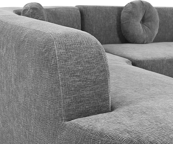 Mirod 122'' Extra Large Sectional Sofa Soft Fabric Upholstery Elegant Curved Design with Three Round Cushions Supportive Comfort Foam for Ultimate Relaxation (Grey@040)