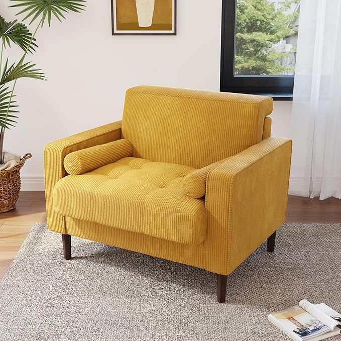 Lumibee Corduroy Accent Chair Modern Upholstered Armchair with Large Seat for Living Room Comfy Single Reading Sofa Chair for Bedroom-Yellow