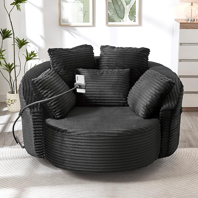 360° Swivel Accent Chair with 5 Throw Pillows Adjustable Phone Holder Corduroy Fabric Round Sofa Chair Barrel Chair with Semi-Wraparound Design for Living Room Office and Hotel (Black1)