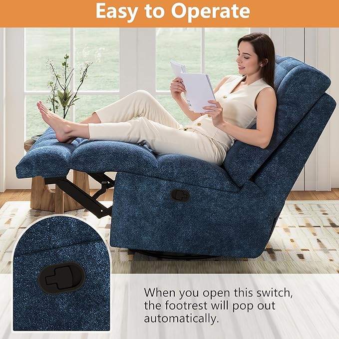 Modern 360° Swivel Rocker Recliner Chair for Adults Chenille Upholstered Manual Recliner Chair with Adjustable Backrest Soft Nursery Rocking Chair for Living Room Small Spaces (Blue/60)