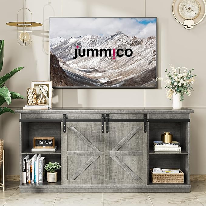 JUMMICO TV Stand for 65 Inch TV Entertainment Center with Storage Cabinets and Sliding Barn Doors Mid Century Modern Media TV Console Table for Living Room Bedroom (Pale Gray)