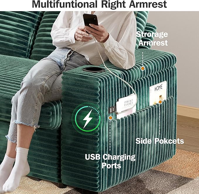 Vipbear 65 Loveseat Sleeper Sofa with Pull Out Bed Plush Corduroy 3-in-1 Convertible Sofa Bed with Reclining Backrest|USB Ports|Cup Holders|Side Table|Storage Armrests Tool Free Assembly Green
