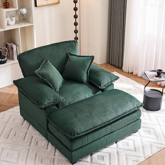 46.9 W Oversized Chair with Ottoman Corduroy Upholstered Chaise Lounge Chair Indoor Reading Chairs Sofa Couche Oversized Comfy Chairs for Living Room Bedroom (Corduroy Green)