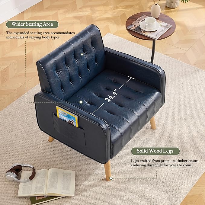 Leather Accent Chair Set of 2 Mid-Century Modern Tufted Living Room Chair with Wooden Legs and Side Pocket Cozy Office Reading Chair Comfy Armchair for Living Room Waiting Room