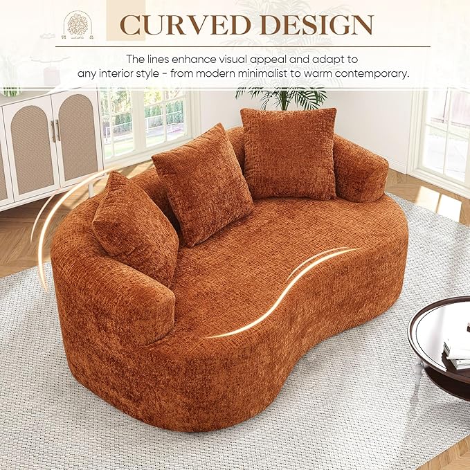 60 Curved Sectional Sofa for Small Spaces - Plush Chenille Modern Cloud Loveseat with Pocket Springs &amp Memory Foam Boneless Floor Couch for Living Room 27.6 Extra Deep Seat No Assembly (Orang