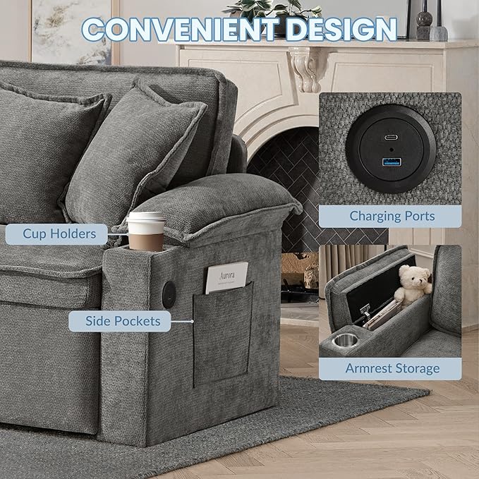 SUNWAVE 83 King Size Pull Out Sofa Bed 4-in-1 Convertible Sleeper Sofa Bed with USB Ports Cup Holders Side Pockets Corduroy Oversized Loveseat Chaise Lounge for Living Room Small Space (Gray)