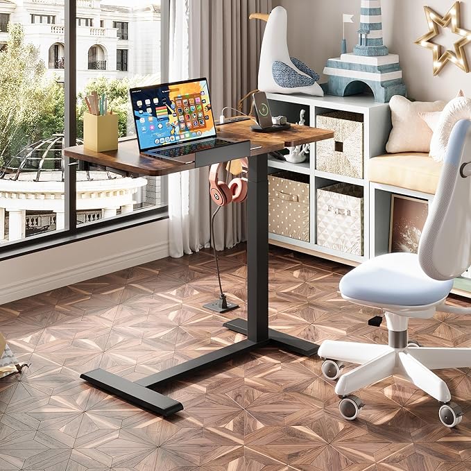 Standing Desk Medical Overbed Table with Rolling Tray and Power Outlet Dual Pneumatic Angel and Height Adjustable Desk Portable Side Table with Drawer for Home &amp Hospital Rustic Brown