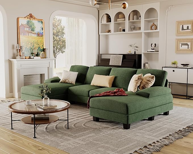 Furmax Sectional Couches for Living Room U-Shaped Sofa Couch with Linen Fabric 4 Seat Sofa Set with Double Chaise for Apartment (Fabric Green)