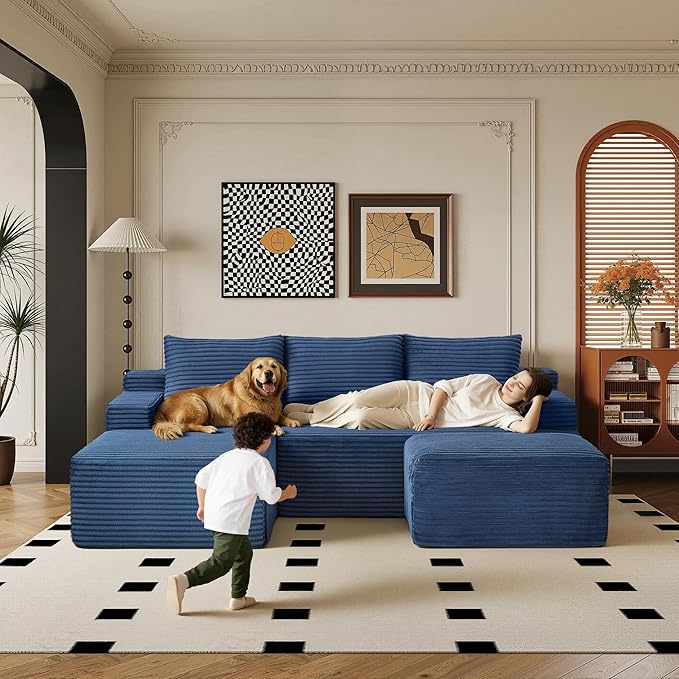 96 Sectional Couches for Living Room Cloud Couch Sofa with L-Shape Upholstered Boneless Couchs Modern Modular Sectional Couch with Chaise (Bule 96 W+Right Facing Chaise+2Seaters+Ottoman)