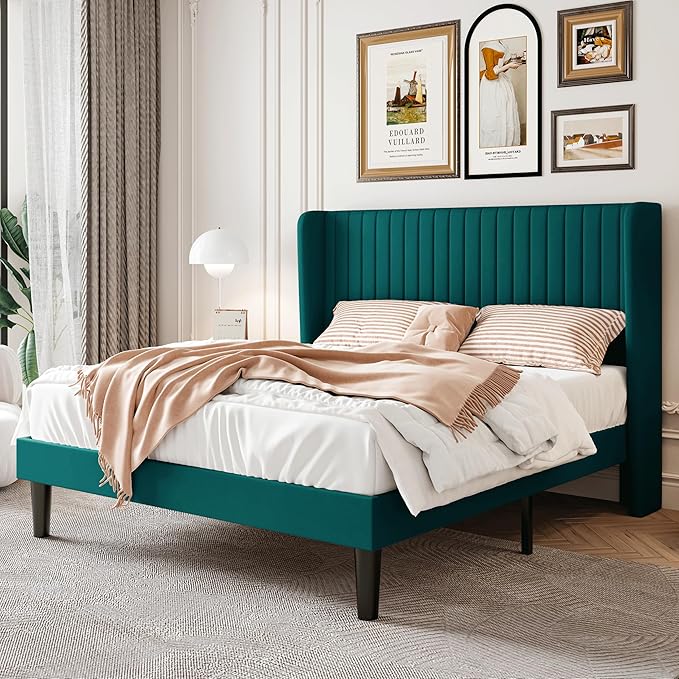 SHA CERLIN Full Size Velvet Bed Frame with Vertical Channel Tufted Wingback Headboard Upholstered Platform Bed with Wood Slats No Box Spring Needed Easy Assembly Teal