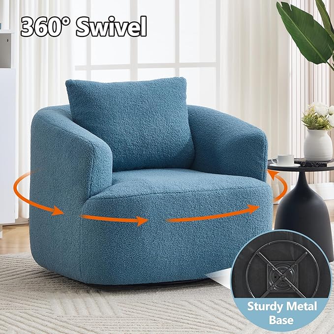 KEIKI 37.4 Oversized 360 Degree Swivel Chair Large Barrel Chairs Upholstered Round Swivel Chair Teddy Fleece Single Sofa Armchair Sleeper Couch for Living Room Lounge Blue