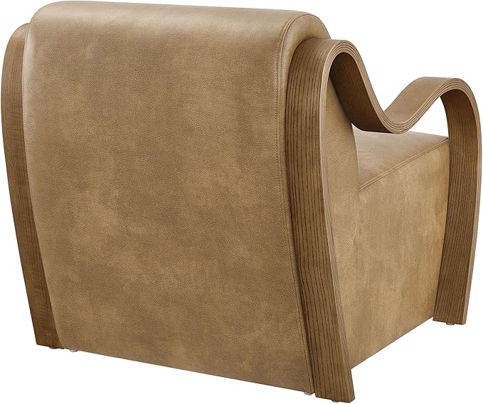 Modway Atrium Vegan Leather Upholstered Lounge Chair in Toast with Sculptural Bentwood Arms – Mid-Century Modern Accent Armchair for Living Room or Bedroom