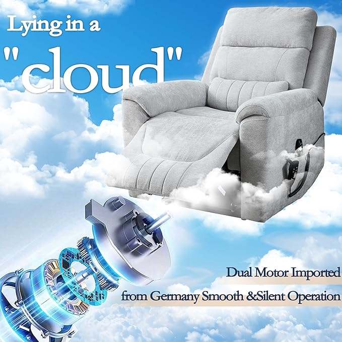 Power Lift Recliner Chair for Elderly People Dual Motor Lay Flat Recliner with Vibration Massage and Heat Heavy Duty Motion Mechanism Standing Assistance Reclining Chair Chenille Fabric Light Gray