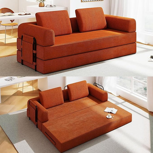 Convertible Sofa Bed 5-in-1 Pull-Out Futon Boneless Couch for Living Room &amp Guest Room Corduroy Sleeper Sofa with Steel Support Brackets 78.7 3-Seater with 2 Pillows (Orange)