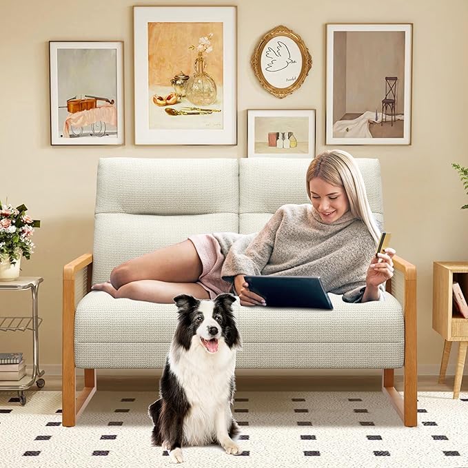 Alunaune Modern Loveseat Bench Couch with Natural Rattan Arm Upholstered Linen Small Love Seat Sofa 2-Seats Living Room Couch Settee Comfy Lounge Recliner Chair-Ivory