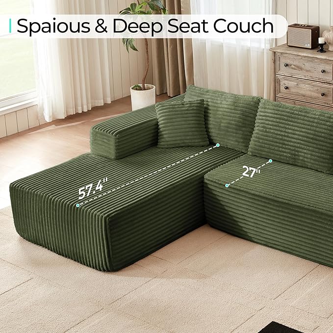 LINSY 106'' Cloud Sectional Couch - Plush Corduroy Modular Sofa with L-Shape Chaise Comfy Foam Couches for Living Room Apartment Compressed Couch No Assembly Required Green
