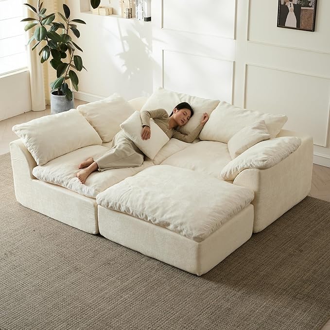 109 Modular Cloud Couches for Living Room Boneless Couch Deep Seat Convertible L-Shape with Ottoman Oversized Comfy 3-Seater Couch Chenille Fabric Compressed Sofa Modern Sectional SofaCreamy White