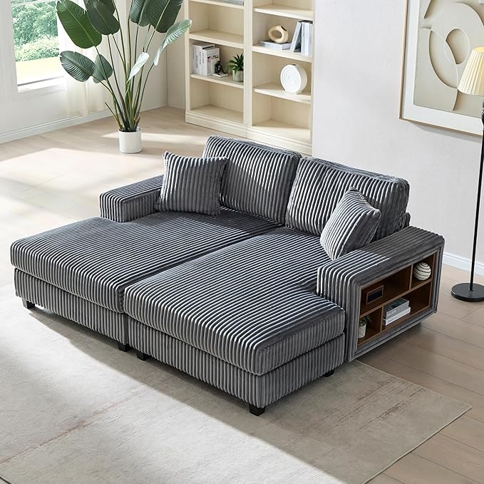 79.5 Oversized Double Chaise Lounge Chair Indoor Modern Upholstered Sleeper Sofa Bed with 2 Storage Armrests &amp Throw Pillows Comfy Fluffy Corduroy Couch for Living Room (Grey 79.5 Double Chai