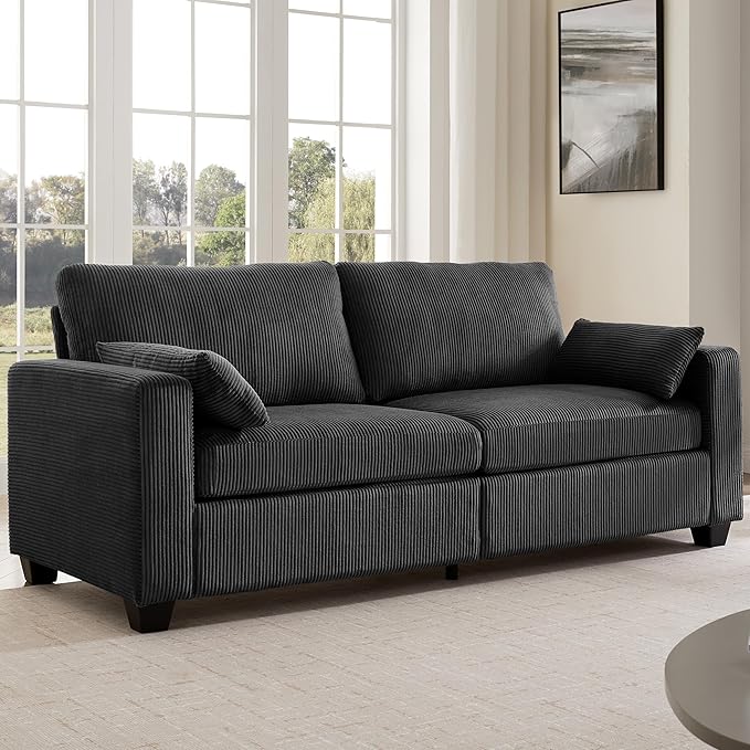 Modern Loveseat Sofa for Living Room Removable Cover Spring Cushions Solid Wood Frame Wide Armrest Corduroy Fabric Recliner Couches for Small Space (Black Corduroy 81 inch)