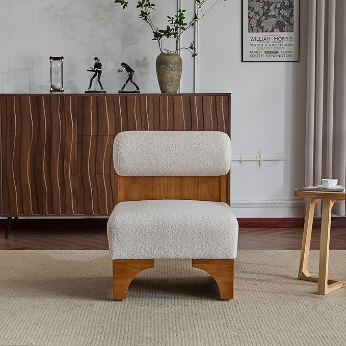 Christopher Knight Home Devon Modern Minimalist Boucle Fabric Upholstered Accent ChairWooden Lounge Chair with Rolled Backrest+Soft Padded SeatComfy Reading ChairLiving Room/Bedroom Beige+Natural