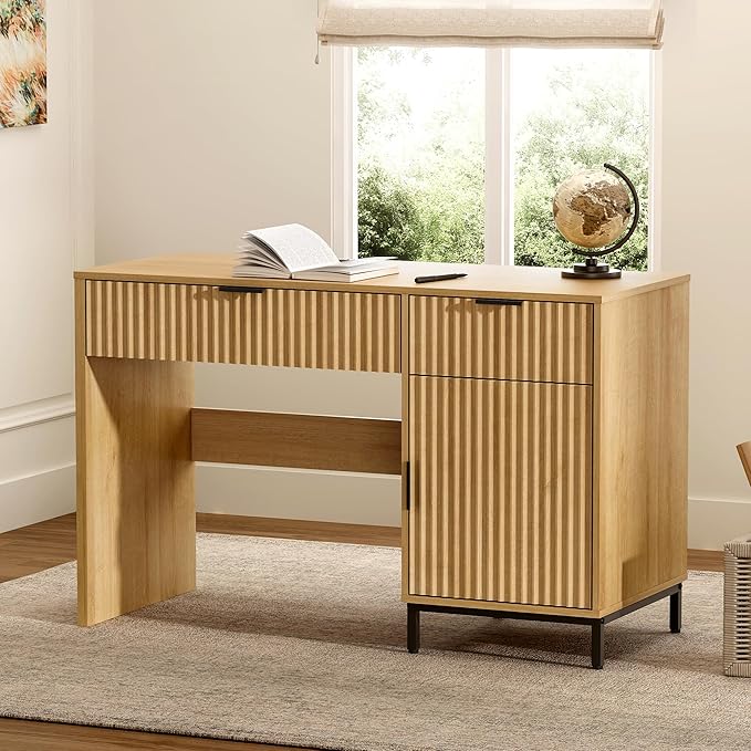 47 Executive Desk with Fluted Drawers Wooden Home Office Desk with Storage Cabinet Charging Station Metal Legs Modern Farmhouse Computer Desk for Work Study Natural Oak