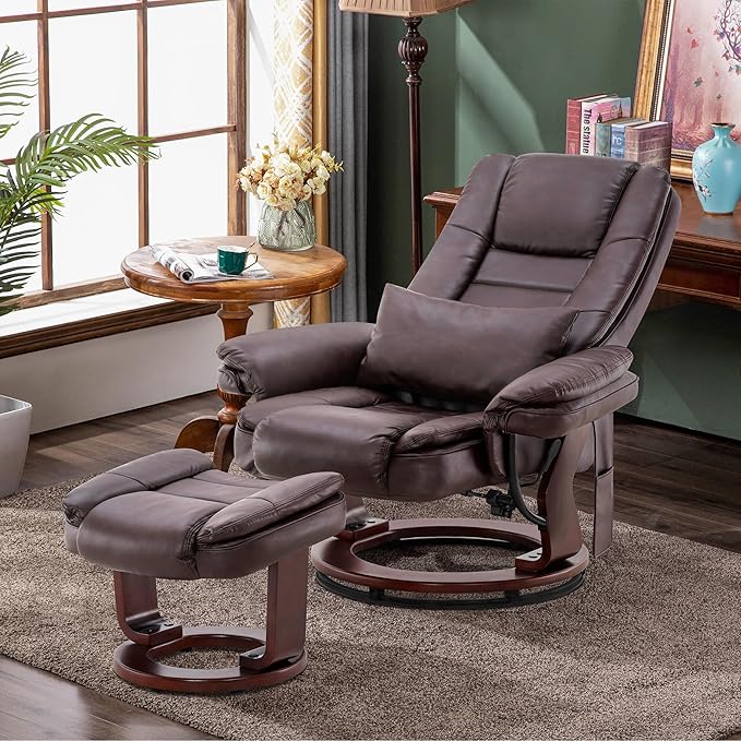 MCombo Swivel Recliner with Ottoman Chair TV Chair Sets with Vibration Massage for Small Space Living Room Bedroom 9096 9099 (Faux Leather Dark Brown)