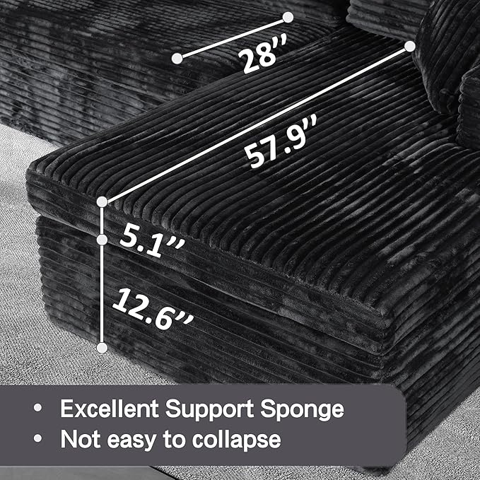 108-inch Boneless Couch for Living RoomComfy Boneless Sofa with Deep Seats &amp Chaise Lounge 3-Seat Modular Sofa Memory Foam Sectional Couches - No Assembly Required(Dark Black)