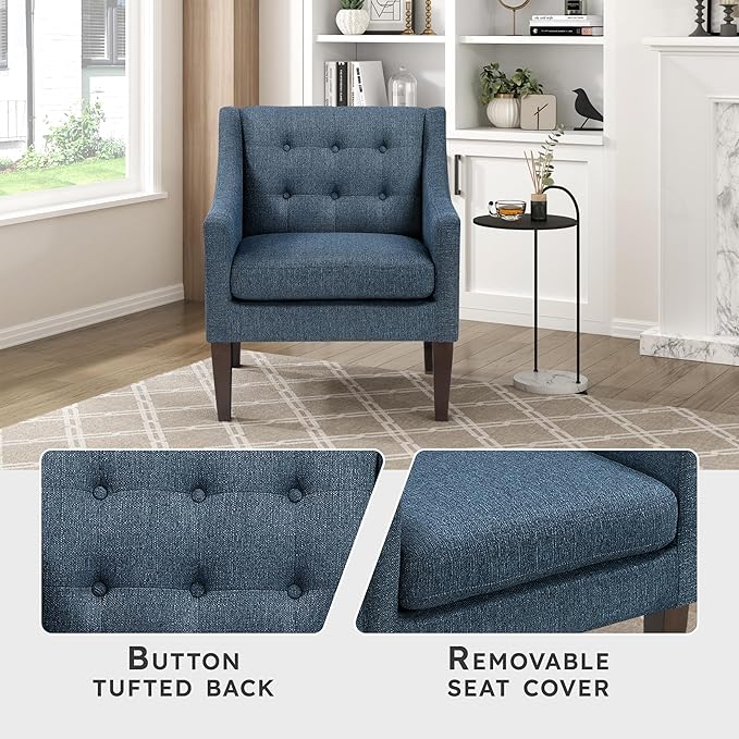 Lexicon Living Room Accent Chair Textured Fabric Upholstered Arm Chair with Button Tufted Back Sloped Arms and Wooden Legs Blue