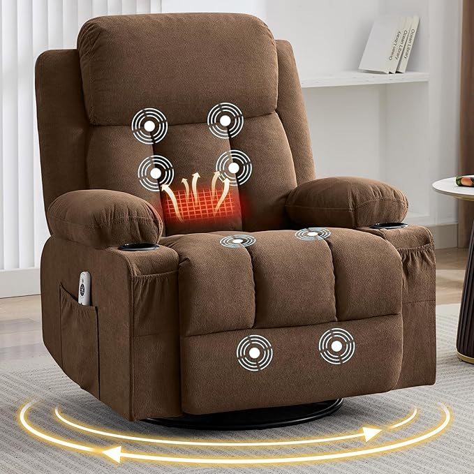 Massage Recliner Chair with Vibration Massage and Lumbar Heating for Living Room Swivel Rocker Recliners Single Sofa with Side Pocket &amp 2 Cup Holders Soft Comfort Ergonomic Design (Brown)