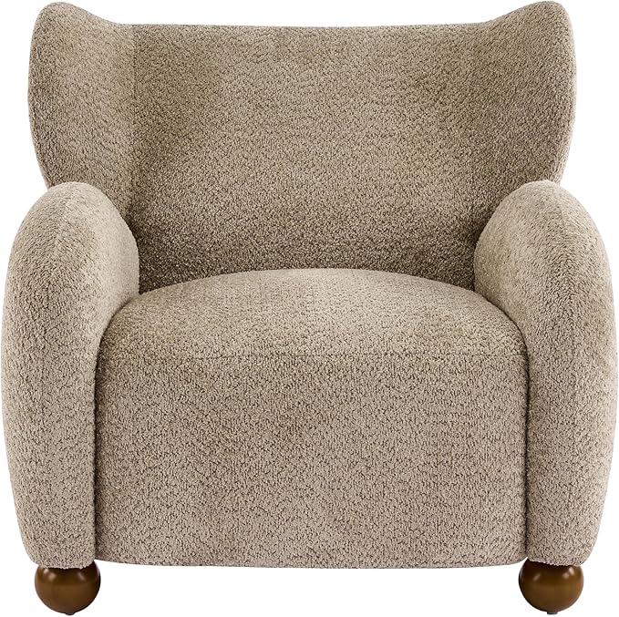 Christopher Knight Home Aiden Boucle Wingback Accent Chair Fabric Upholstered Club Chair with Wooden Frame Comfy Reading Chair for Living Room/Bedroom Light Brown+Walnut