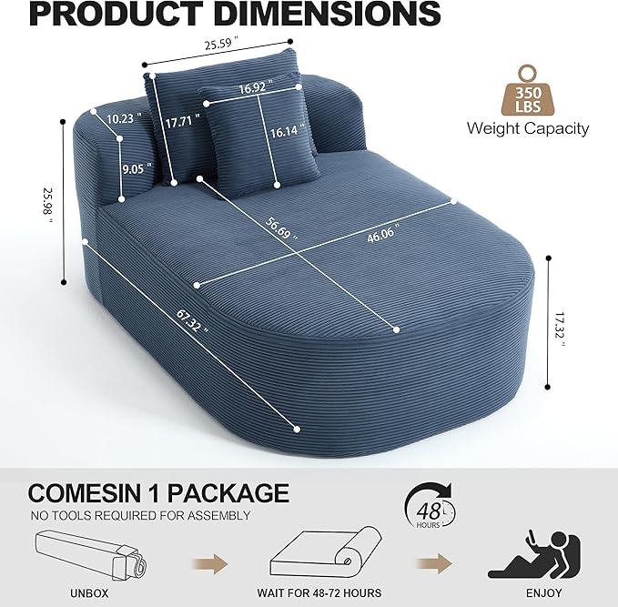 Boneless CouchComfy Fluffy Sofa BedUpholstered Sleeper Sofa with Throw Pillows and ArmrestsCorduroy Plush Cloud Lounge Chair (Blue 67 Chaise Lounge Chair)