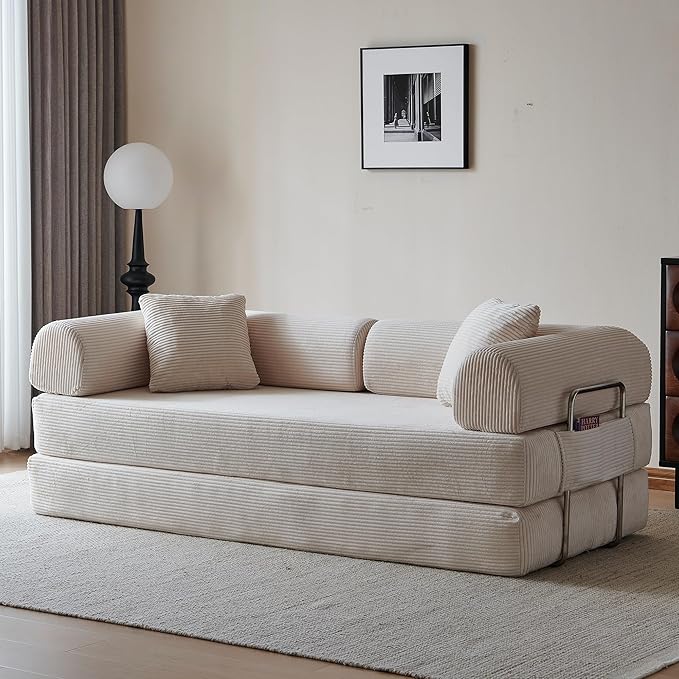 79 Convertible Sleeper Sofa Bed Modern Corduroy Floor Couch Bed with Fixed-Shape Frame Modular Sofa Couch with Pull Out Bed Boneless Loveseat Sleeper Couches for Living Room Beige
