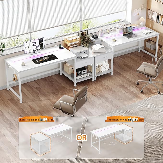56 Inch White Desk with Drawers &amp Shelf to StorageComputer Desk with Power Outlet &amp LED LightsReversible Office Desk with Hooks for HeadphoneBagsDesk for BedroomDormTeens Study Room