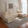 134 Beige Boneless Couch with Ottoman  Sectional Couches for Living Room L Shaped Couch 4 Seat Sofa with Pearl PipingCompression Sofa for Bedroom Comfy  No Assembly Corduroy (134’’ Beige)