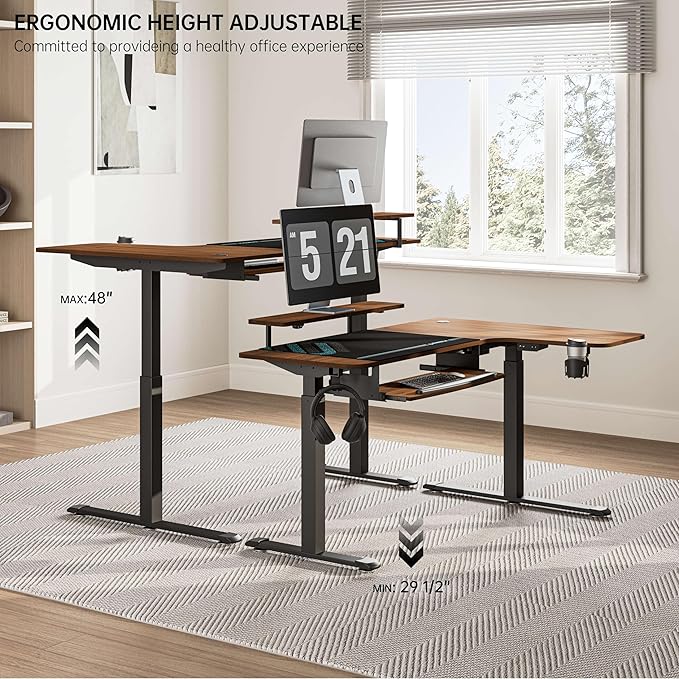 EUREKA ERGONOMIC Standing Desk Electric Adjustable Height (61x43) Computer Desk with Keyboard Tray Sit Stand Desk L Shaped Desk for Work/Home OfficeDual MotorMemory Presets2 USB/RGBWalnut/Right