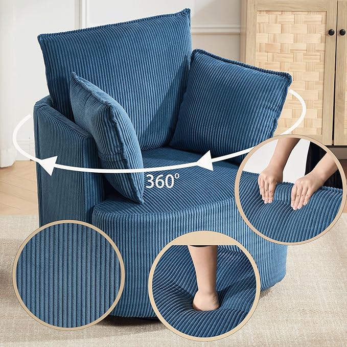 Swivel Accent ChairSwivel Barrel ChairBlue Swivel ChairUpholstered Living Room Chair Corduroy Reading Chair Single Sofa Chair for Bedroom Apartment Office(Modern Blue)