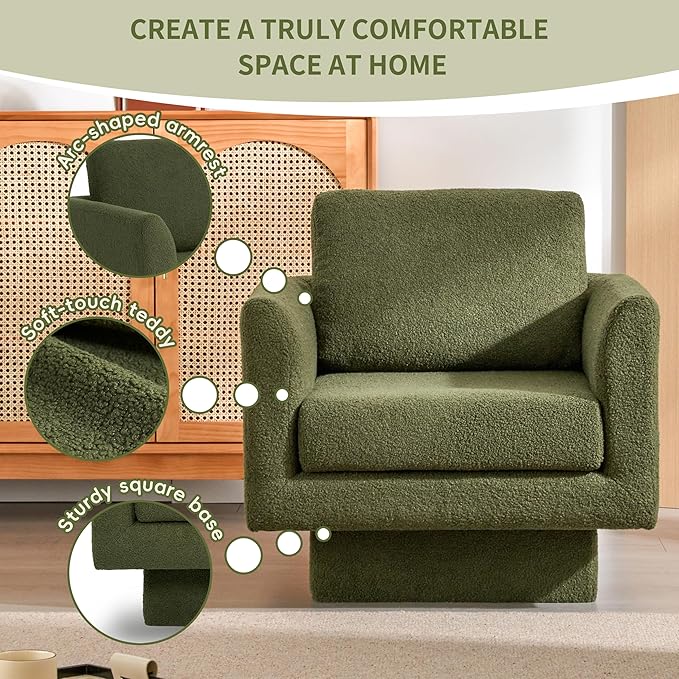 360° Swivel Modern Accent Chair 30 W Teddy Velvet Sherpa Fabric Armchair Thick Padded Upholstered Barrel Chair Comfy Lounge Sofa Reading Club Chair for Living Room Bedroom Nursery (Green)