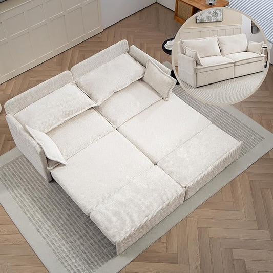 73.6 Inch Pull-Out Sofa Bed 3-in-1 Corduroy Sleeper Sofa with Storage &amp USB/Type-C Ports Convertible Couch for Living Room Bedroom Apartment (White)