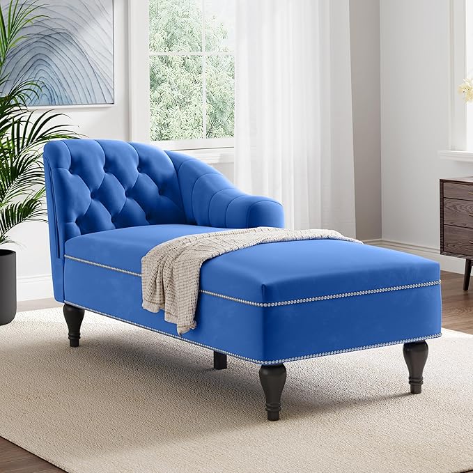 Velvet Upholstered Sofa Chaise Loungers 58 Chaise Lounge with Nailhead Trim and Solid Wood Legs Button Tufted Right Arm Facing Lounge Chair for Living Room Sleeper Lounge Sofa