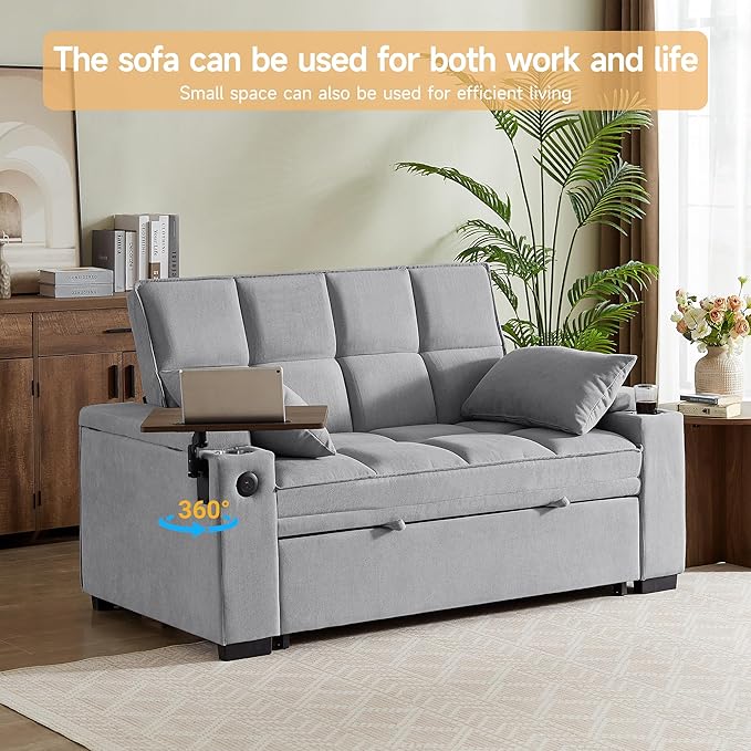 65 Sleeper Sofa Bed Loveseat Convertible Couch for Living Room RV Sofa with Adjustable Backrest Chaise Lounge Side Table USB &amp Type-C Ports